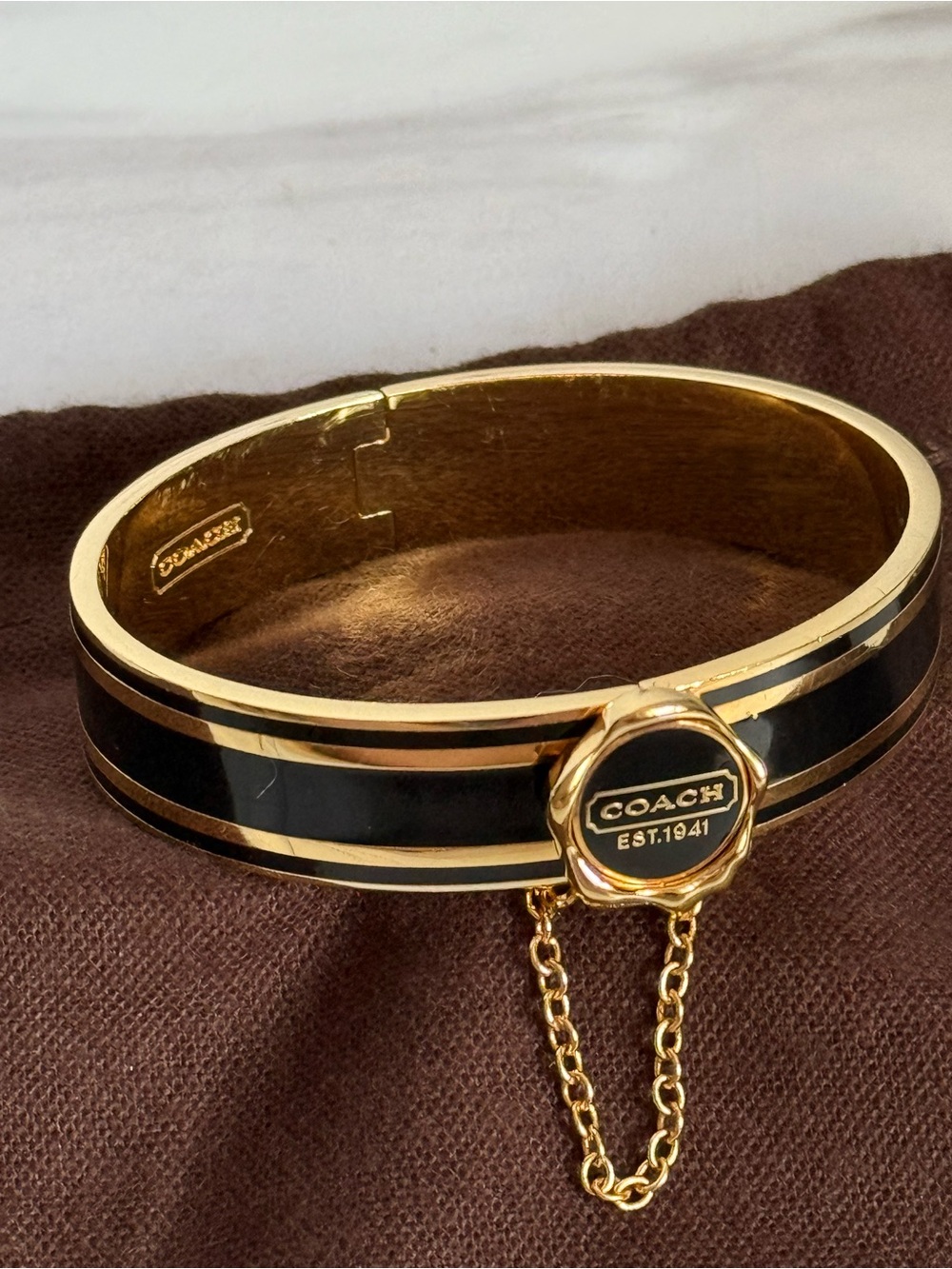 Coach Gold-Tone & Blk Enamel Hinge Bangle w/ Gold Logo Snap Lock & Safety Chain